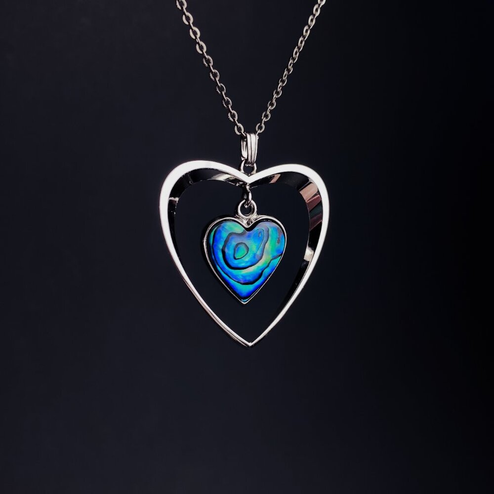 Double Heart Love Pendant Abalone Shell Blue Y2K Style Silver Chain Necklace